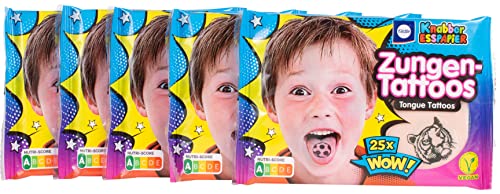 Küchle Zungen-Tattoos – Kinder-Oblaten – Knabber-Esspapier – Süßigkeiten Kindergeburtstag – 5 x 25 Tattoos – 5 x 11g