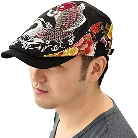 Amazon Co Jp 和雑貨 なごみや 和柄ハンチング 刺繍入り 海外お土産 外国人 帽子 メンズ 01 鯉の滝登り ファッション