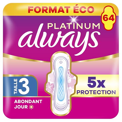 Always Platinum Serviettes Hygiéniques, Taille 3, Day & Night, 64 Serviettes Avec Ailettes, Flux...