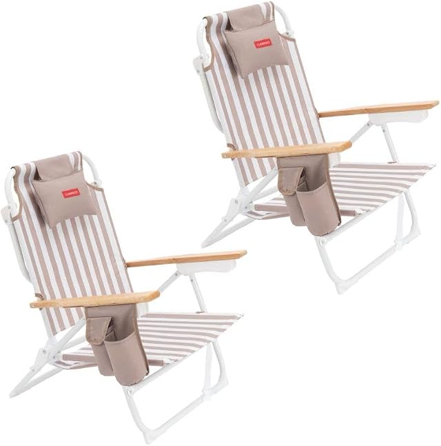 Flamingueo Pack 2 Sillas Playa Plegables - Reclinables 5 Posiciones - Bolsillo Insulado Frío - Bolsillo para Móvil - Asas Mochila - Almohada Ergonómica - Aluminio y Poliéster - Beige
