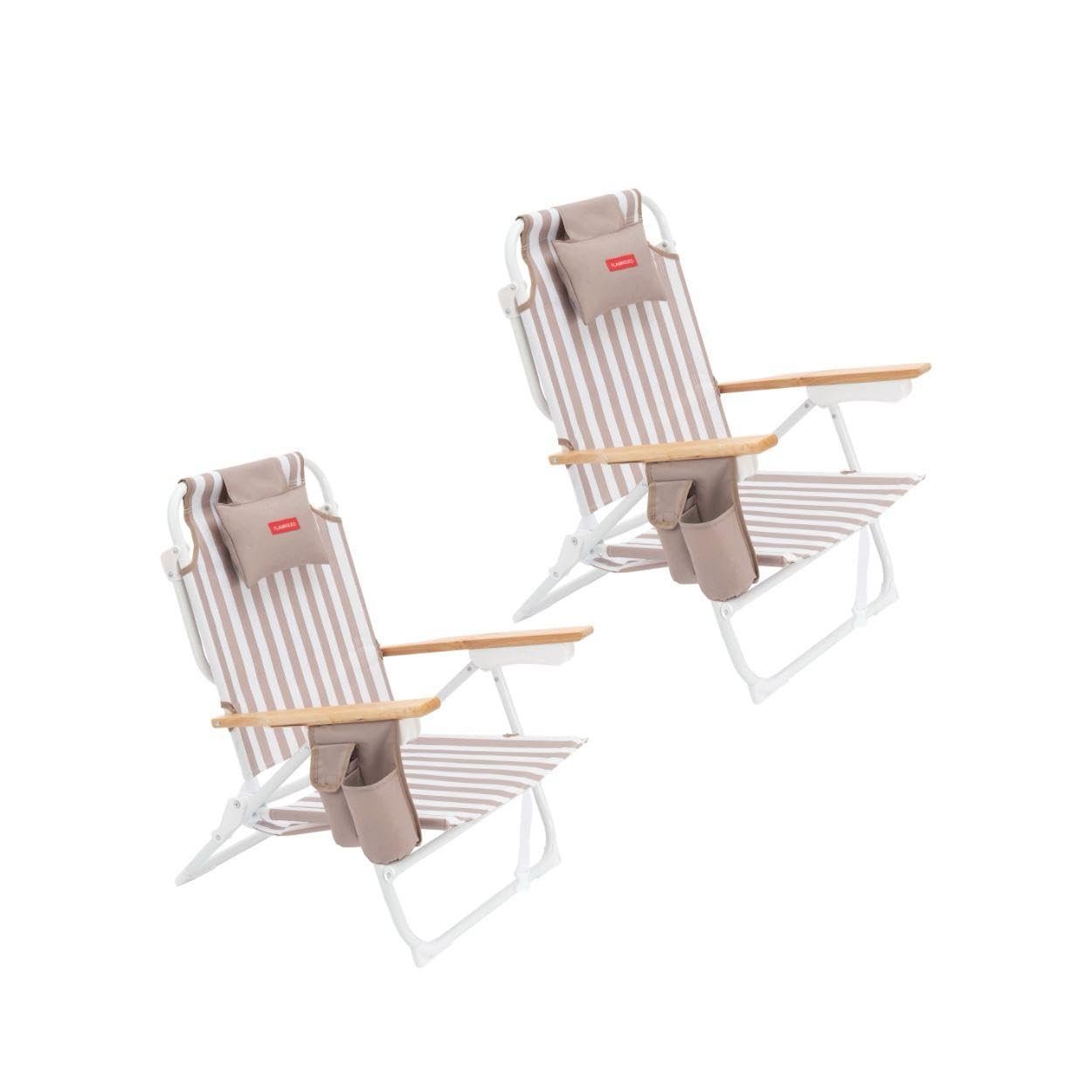 Flamingueo Lot de 2 Chaises de Plage - 5 Positions - Poche Isotherme - Poche pour Mobile - Poignées Sac à Dos - Oreiller Ergonomique - Aluminium et Polyester - Beige