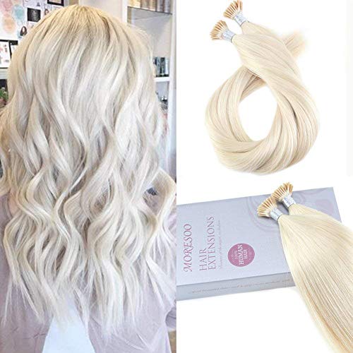 Moresoo 24 inch I Tip Fusion Hair Extensions 100 Remy Human Hair Blonde Color 60 Keratin Tipped Human Hair Extensions 50strands/pack 1g/s Fusion Extensions