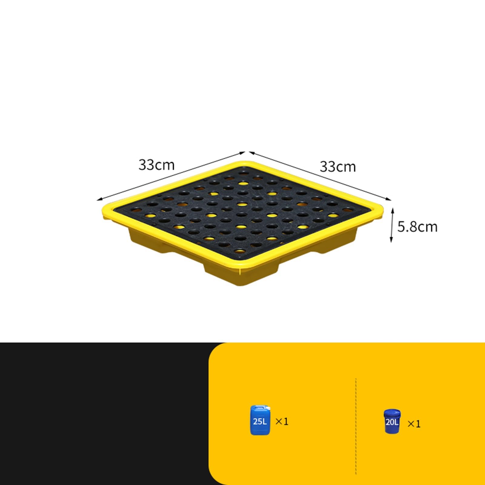 Générique Bac de rétention Industriel avec Drain, antidérapant, pour Le Stockage de fûts, résistant aux Produits Chimiques, 33 x 33 x 5,8 cm, Noir et Jaune, Indispensable pour la sécurité au Travail