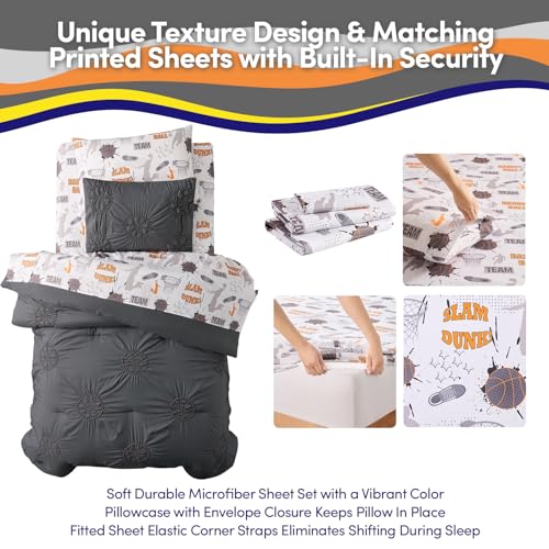Image of Basketball Pintuck Comforter Set Twin Size - Bed in a Bag with Sheets, Pillowcases & Shams - Soft Stylish Sports Bedding - All Season Boy's Basketball Bed Set