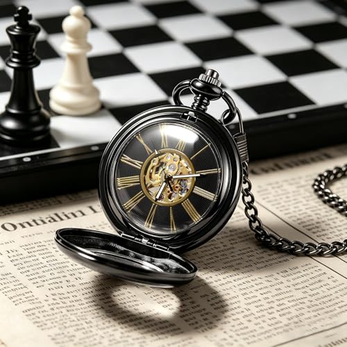 Image of TREEWETO Mechanical Pocket Watch Magnifier Case Steampunk Skeleton Roman Numerals Dial for Men Women