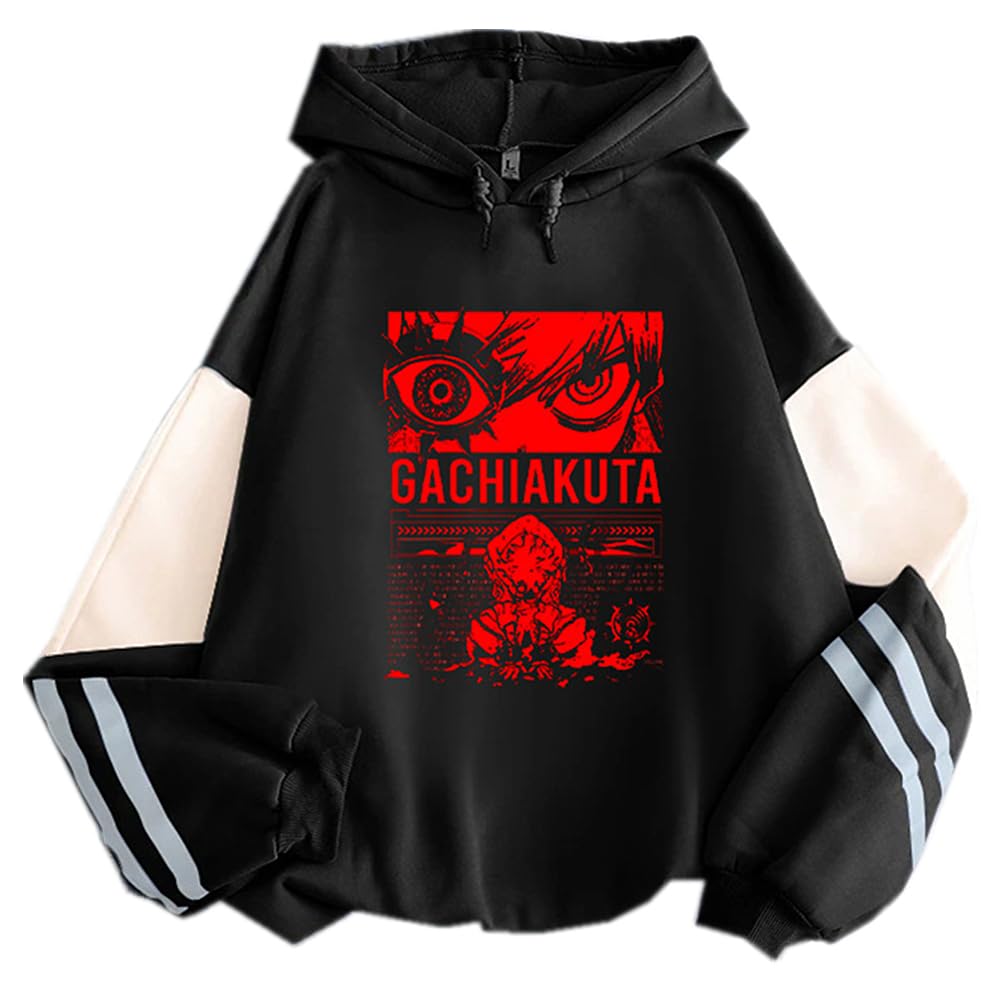 Charous Unisex Black Anime Gachiakuta Cosplay Rudo Cartoon Print Hoodie Casual Splicing Color Thicken Soft Sweatshirt For Manga Fans