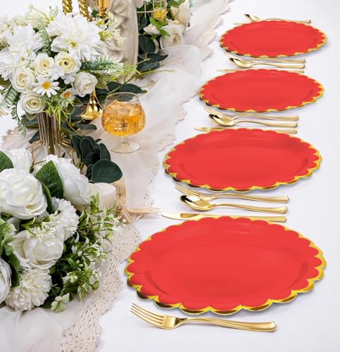 Image of HEIPINIUYE 50 Pieces Red Paper Plates with Gold Foil 9 Inch Disposable Red Scalloped Dinner Plates for Wedding Baby Shower Birthday Party Dessert Plate