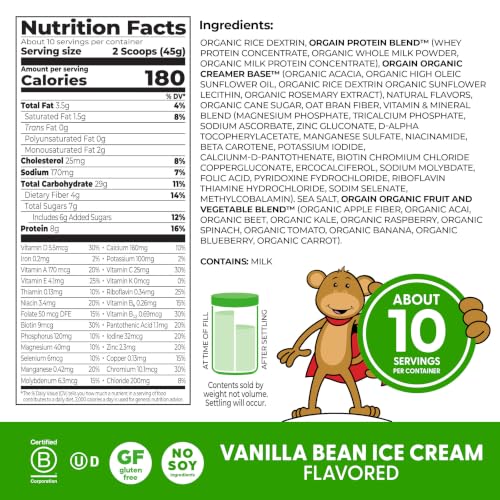 Image of Orgain Kids 8g Grass-Fed Dairy Protein Powder, Vanilla Bean Ice Cream, 1lb | Powder shake mix, 4g fiber, 22 vitamins & minerals, gluten free, no soy, adds nutritents to snacks, for shakes & smoothies