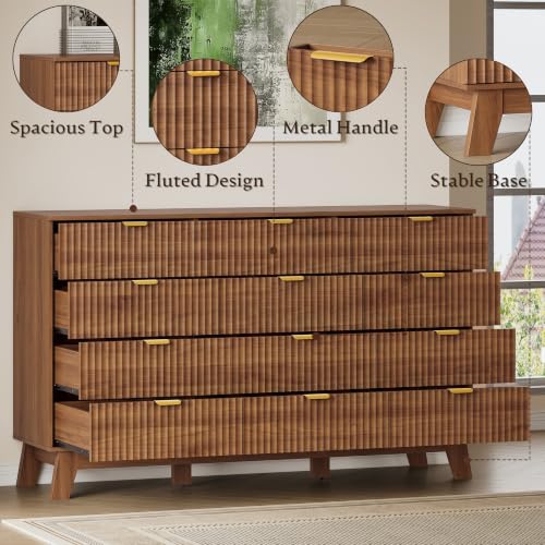 Image of BORNOON 57 inch Wide Dresser for Bedroom, 12-Drawer Fluted Dresser with Metal Handles, Wood Chest of Drawers with Smooth Slides and Stable Base, Storage Cabinet for Living Room, Nursery, Timeless Noir