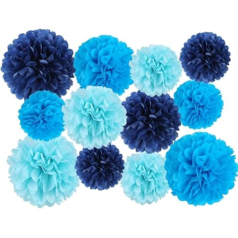 12 Pcs Tissue Pom Poms Kit, Tissue Paper Flowers for Birthday, Boy Baby Shower, Nursery, Graduation, Bachelorette Party Decoration (Blue Mix) Cover