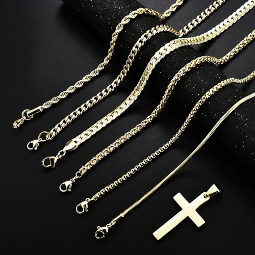 7 Pcs Mens Stainless Steel 18K Gold Plated Chain Necklace Jewelry Set for Men, 6 Chains and 1 Cross Pendant4