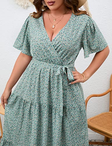 KOJOOIN Women Plus Size V Neck Wrap Maxi Dress Short Sleeves High Waist Ruffle Summer Casual Dress with Belt Green Floral 2XL