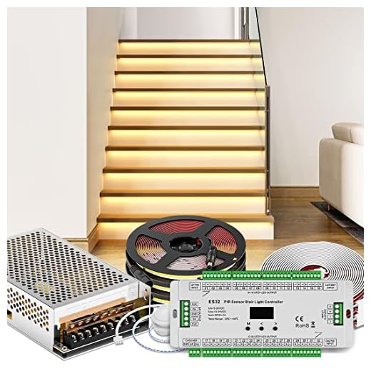 BTF-LIGHTING PIR Sensor Stair Light ES32 Controller Kit 3X16FT Custom FCOB LED Strip Length Fits All Widths of Stairs DC24V 3000K CRI 90+ 8mm Width Dimmable Uniform Light Multiple On and Off Modes
