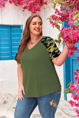 Women's Plus Size Tops Summer V Neck Short Sleeve Raglan T Shirts Casual Blouses Tops2