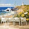 Custom Size Wall Mural,Coastal Scene with Wildflowers,Beach Waves,White Lighthouse & Blue Ocean,Self-Adhesive Wall Fabric Removable Wallpaper for Home Office Decor #3