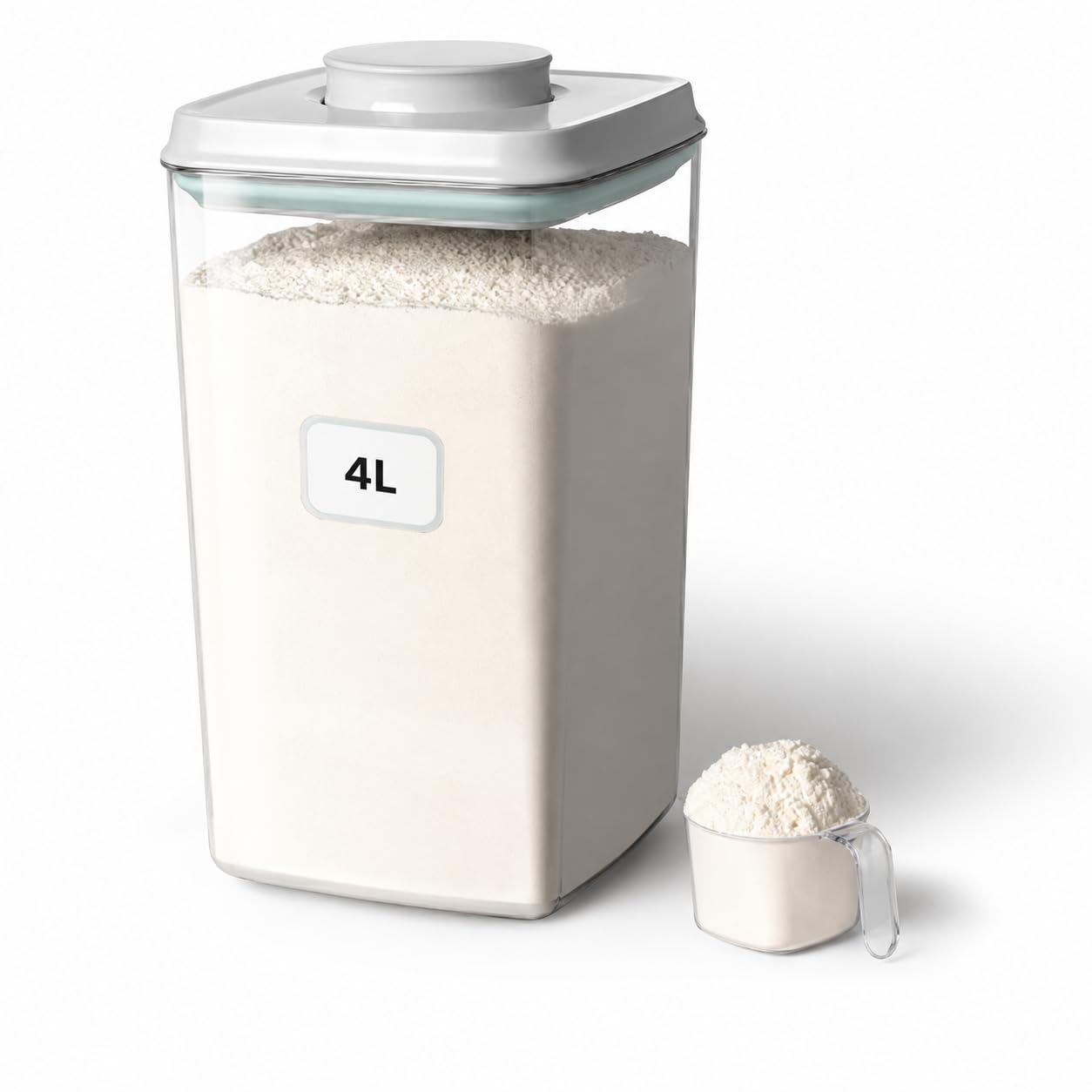 Zolirao 4L Airtight Food Storage Container, Stackable Square PET Pantry Jar with Press Button Lid and 130ml Measuring Cup for Rice, Grains, Flour and Dry Food