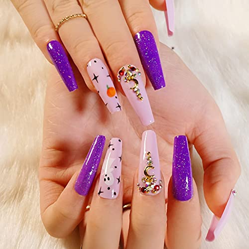 RikView Halloween Press on Nails Long Acrylic Nails Coffin Fake Nails Halloween Nails with Design (Bling Rhinestones)
