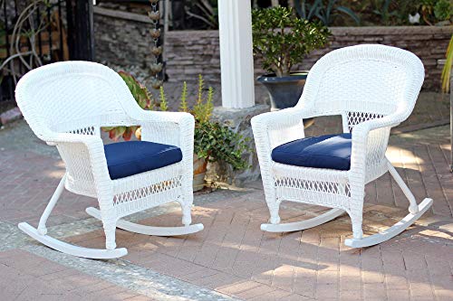 Jeco Rocker Wicker Chair With Blue Cushion, Set Of 2, White #TOP1