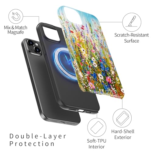Image of Goodon for iPhone 14 Plus Case Cute - Wireless Charging Compatible - Dual-Layer Hard Shell + Silicone Cover - Protective Phone Case with Trendy Designs for Women - Wildflowers Painting | Dual-Layer Hard Shell + Silicone, Slim Fit Protective Phone Cover with Wildflower Designs for Women Girls
