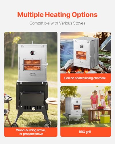 Image of VEVOR Foldable Camping Oven, Stainless Steel Portable Camping Stove, with 3 Tier Grill, Handle and Thermometer, Use with Wood Burning Fire, Propane Stoves, for Baking Bread, Pizza, Outdoor Cooking