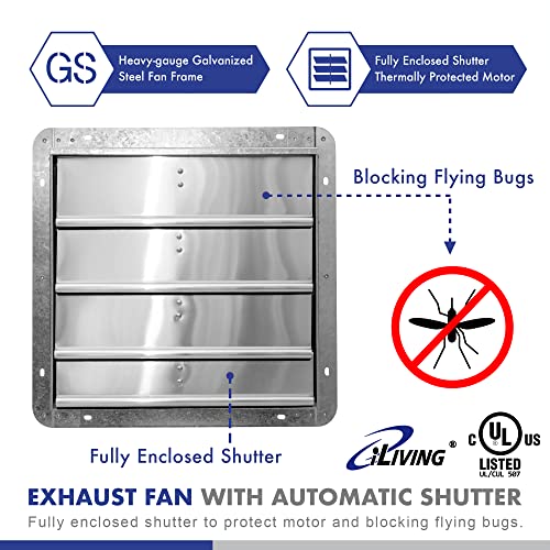 iLIVING 16" Wall Mounted Shutter Exhaust Fan, Automatic Shutter, with Thermostat and Variable Speed controller, 0.85A, 1200 CFM, 1800 SQF Coverage Area Silver (ILG8SF16V-ST) by iLIVING - Image 3
