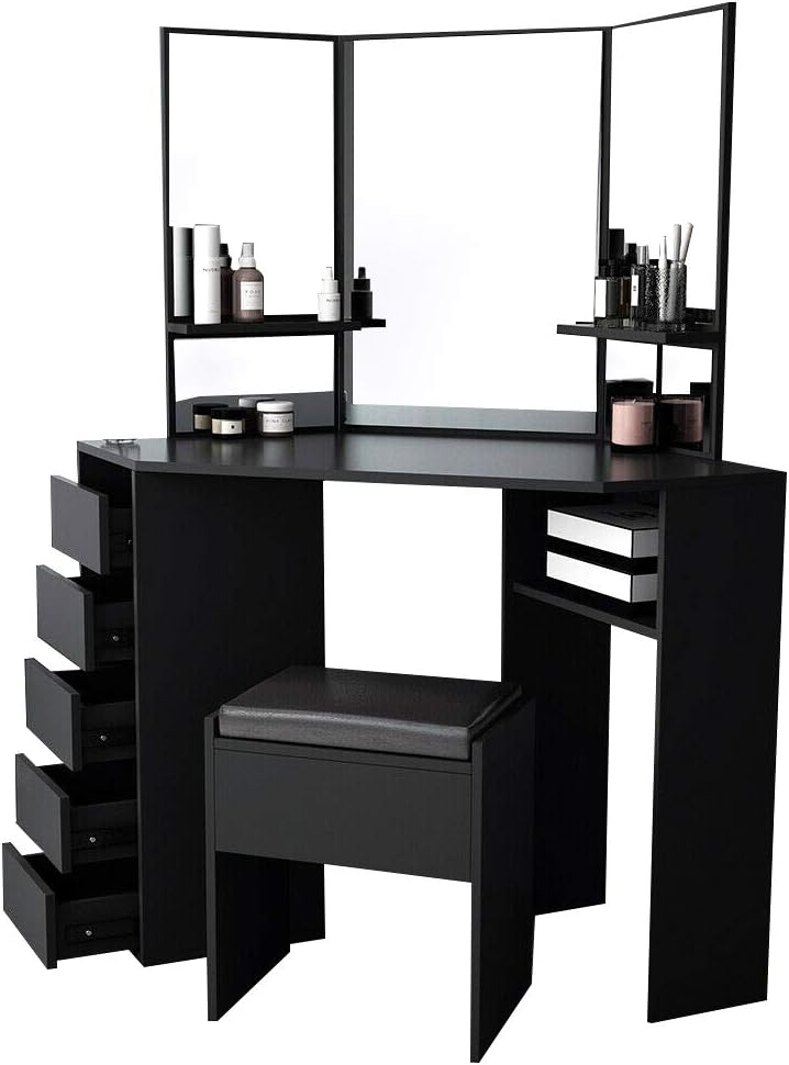 Panana Corner Vanity Table with drawers open, showing storage capacity