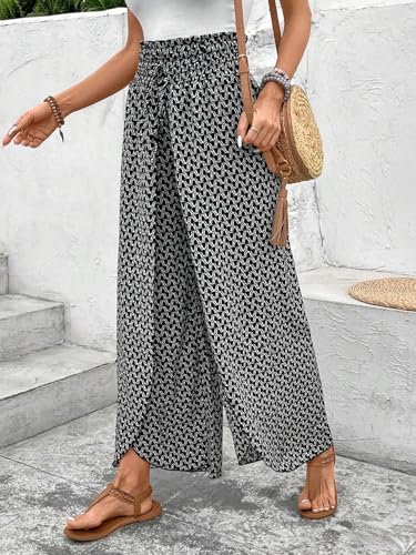 Flowy Pants for Women 2024 Boho Pant Beach Vacation Outfits Side Silt Bohemian Floral Print Trendy Trousers4