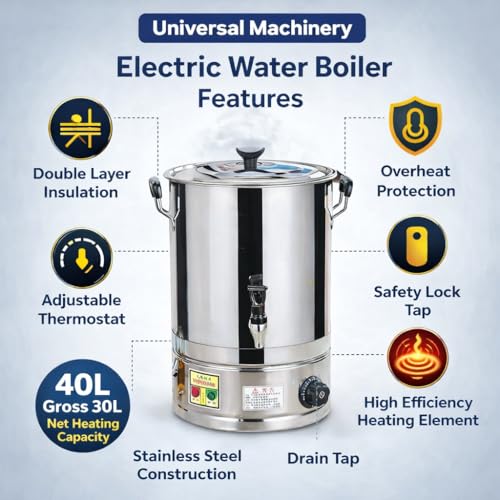 Image of 2000W Electric Water Boiler with 40L Gross Heating Capacity | Stainless Steel Commercial Heating Machine for Hotel, Restaurant, & Canteens | Tea Coffee Milk Dispenser (30L Net)