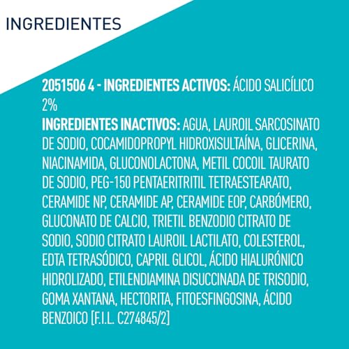 Lista de ingredientes activos e inactivos del Gel Limpiador Control Imperfecciones de CeraVe.