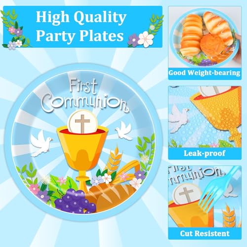 Image of Qyeahkj 100 Pcs Baptism Plates and Napkins, First Holy Communion Party Blue Paper Disposable Tableware Decorations for Boys God Bless Decor for Christening Celebration Party Baby Shower, Serves 25