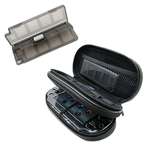 Khanka All-in-one Double Compartment Carry Travel Case Bag + Gray Game/Memory Card Hard Case for Psvita PS Vita 1000 and PSVita Slim (PSV 2000), fits Charger Cable/Game Cards