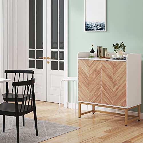 Saudism 20 Gallon Fish Tank Stand, Small Aquarium Stand 10 Gallon with Doors & Adjustable Shelves, Boho Sideboard Coffee Bar Cart, Kitchen Cupboard Console Table, 30.5\" L×15.7\" W×35\" H, White/Gold