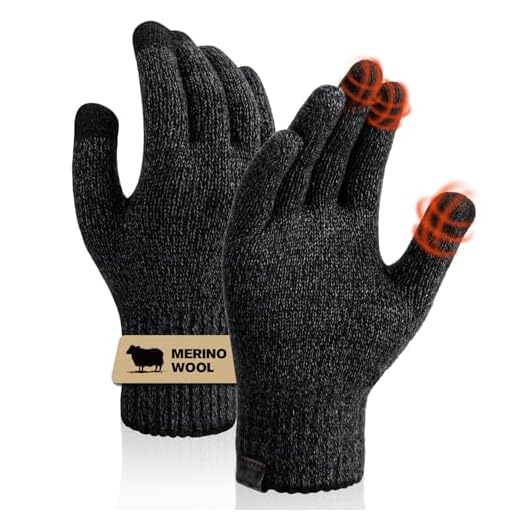 Merino Wool Gloves for Women Men, Touch Screen Warm Glove Liners Thermal Soft Knit Lining for Winter Running Hiking S/M Black Gray