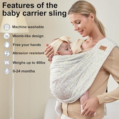 Baby Sling Carrier Newborn, Adjustable Easy Wearing Baby Nursing Warp Sling, New Mom Dad Soft Cotton Baby Front Holder Carrier for Infant Toddler Life Travel Essential Gifts (Yellow Flower) - Image 3