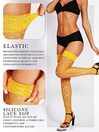 Image of SUREPOCH Sparkly Rhinestone Fishnet Thigh High Stockings for Women Silicone Lace Top