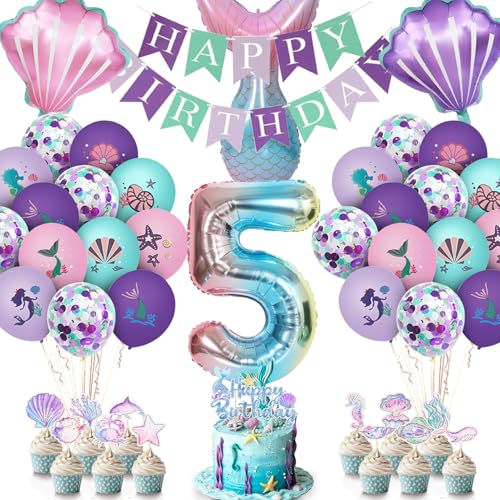Ezydka Meerjungfrau Geburtstag Deko Set Meerjungfrauen Thema Geburtstagsdeko Party Deko mit Luftballon Banner Cake Topper für Partydekorationen Birthday Decoration(5)