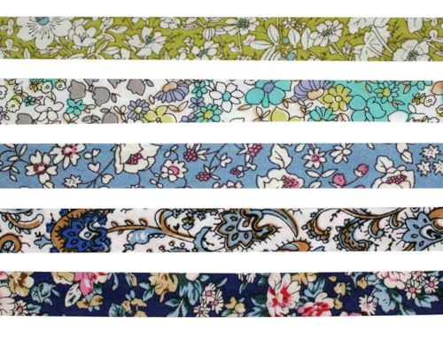Biais coton 1 cm x 1 m Fleurs bleu vert 5 pièces