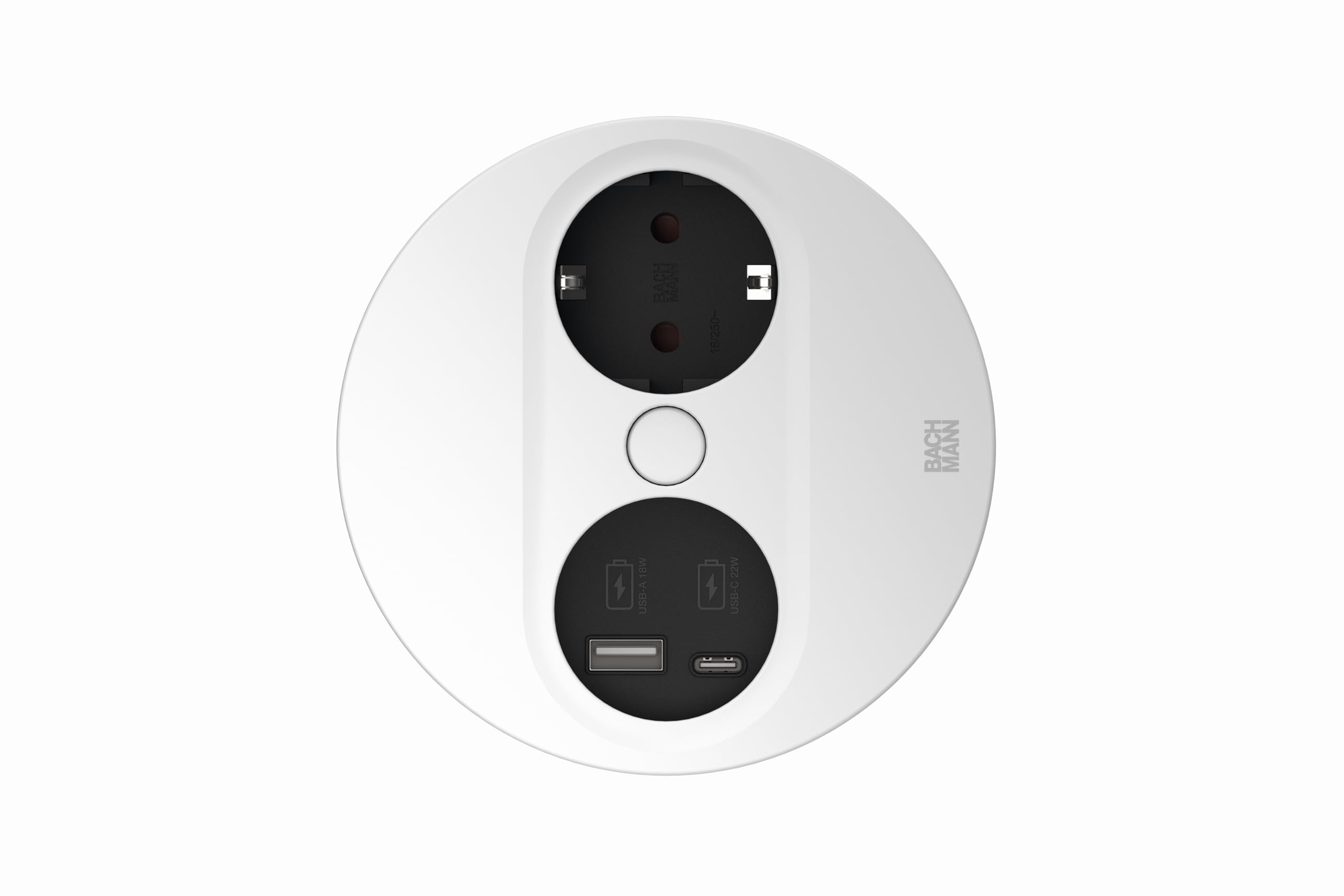 BACHMANN Einbausteckdose Twist 2 Rund 1x Steckdose mit USB A und USB C 2m Kabel Tischsteckdose für Küche und Büro Weiß 946.204 (mit automatische Öffnung und Anti-Fingerprint Beschichtung