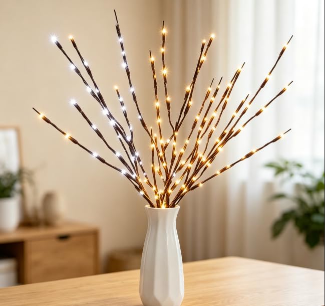 Image of DK177 1Pack Warmlight + 1Pack Whitelight Led Branch Light Battery Operated Lighted Branch Vase Filler Willow Tree Artificial Little Twig Power Brown 30 Inch 20 LED for Home Decoration