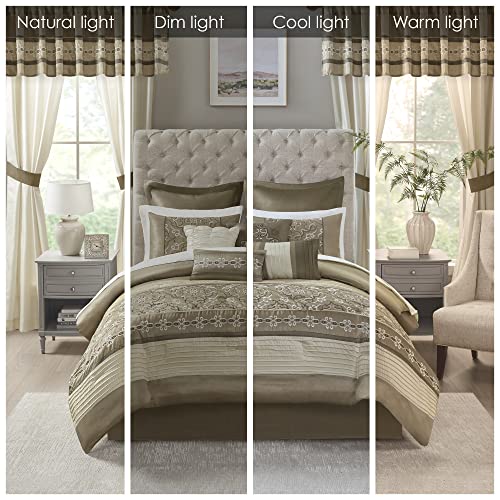 Madison Park Essentials Jelena Room In A Bag Faux Silk Comforter Classic Luxe All Season Down Alternative Bedding, Matching Bedskirt, Curtains, Decorative Pillows, Queen(90"X90"), Natural 24 Piece #TOP1