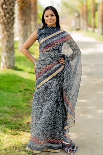 Image of MIRCHI FASHION Kota Doria Cotton Saree with Blouse Piece | Leaf Floral Printed Saree for Women | Traditional Ethnic Daily Wear Summer Saree
