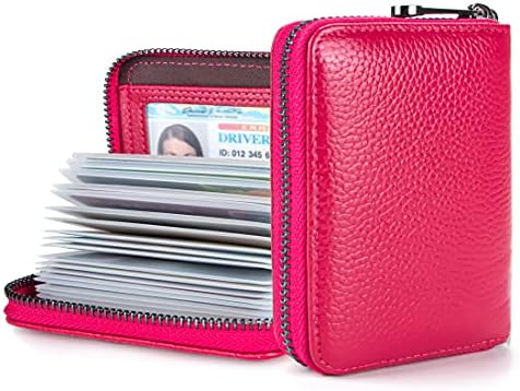 Suweibuke Genuine Leather Credit Card Holder Wallet RFID Blocking Secure Card Case ID Case Organizer Zipper Wallet (A-Rose Red)