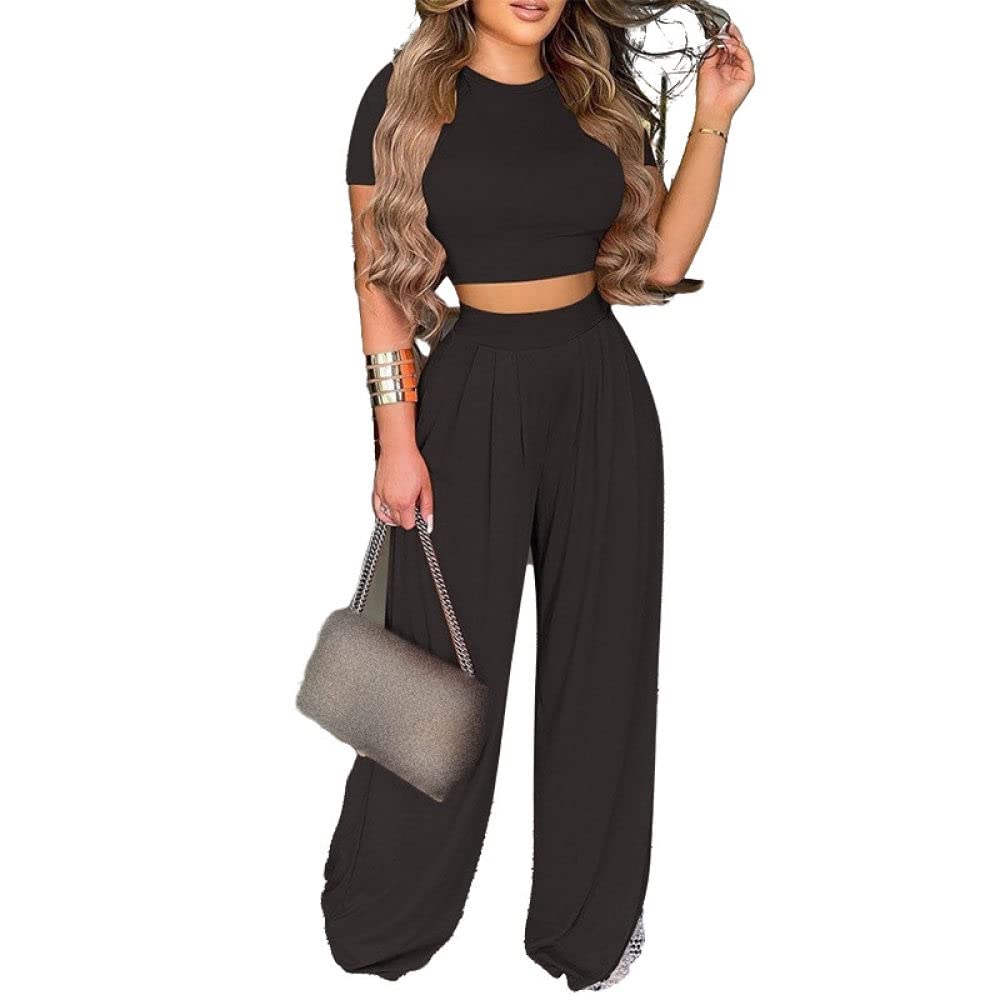 Combinaison Femme Taille Haute - Manches Courtes - Pantalon Large - Style Décontracté Et Chic - Couleur Unie