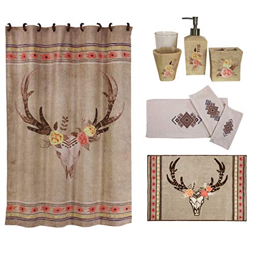 Image of Paseo Road by HiEnd Accents Desert Skull 8 Piece Western Ceramic Bathroom Countertop Set with Shower Curtain, Towel Set and Rug, Bath Accessory Set and Rug, Floral Print, Rustic Southwestern Style
