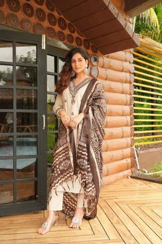 Image of Women Embroidered Cotton Kurta Pant Ensemble with Premium Dupatta Festive Ethnic Apparel Set
