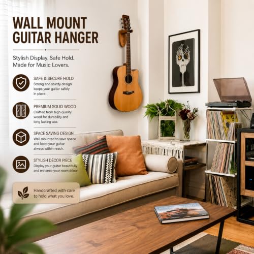 Image of Guitar Wall Mount Hanger Holder, Premium Wooden Guitar Hook with Soft EVA Padding, Wooden Guitar Wall Rack Stand for Acoustic, Electric, Bass, Classical Guitar, Ukulele with Hardware Kit Pack of 1
