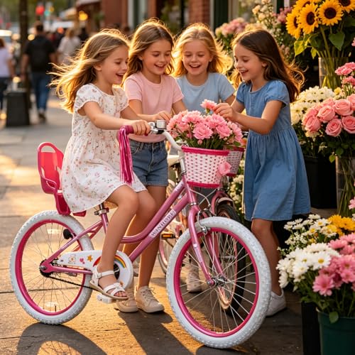 Image of WinHope Girls Bike with Doll Seat, 12 14 16 18 20 Inch Kids Bike for 2-12 | Dual Brake with Training Wheels / Kickstand & Streamers Birthday Gift for Toddler Outdoor Riding, Multiple Colors