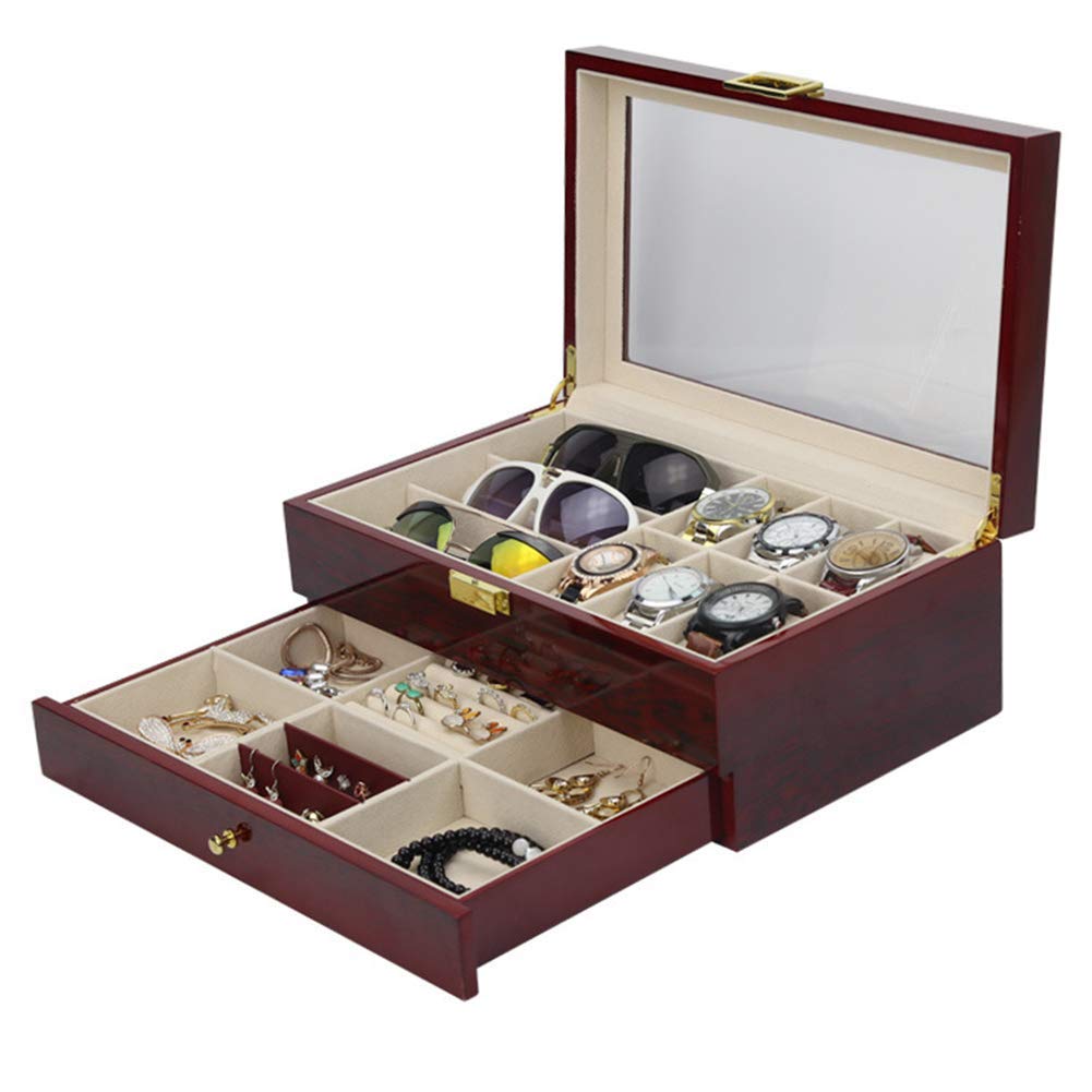 Uhrenbox aus Holz mit Schublade, Uhrenbox-Organizer mit 6 Fächern, doppellagige Uhrenvitrine, für Damen und Herren