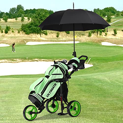 Renatone Golf Push Cart W/Seat, 3 Wheels Foldable Golf Caddy Cart W/Adjustable Umbrella Holder, Storage Bag, Cup Holder, 4 Height Position Handle, Lightweight Golf Trolley For Club (Green) #TOP6