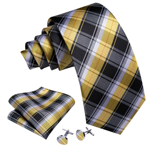Image of Barry.Wang Mens Tie Set Plaid Check Neckties Formal Business Wedding Luxury Pocket Square Cufflinks